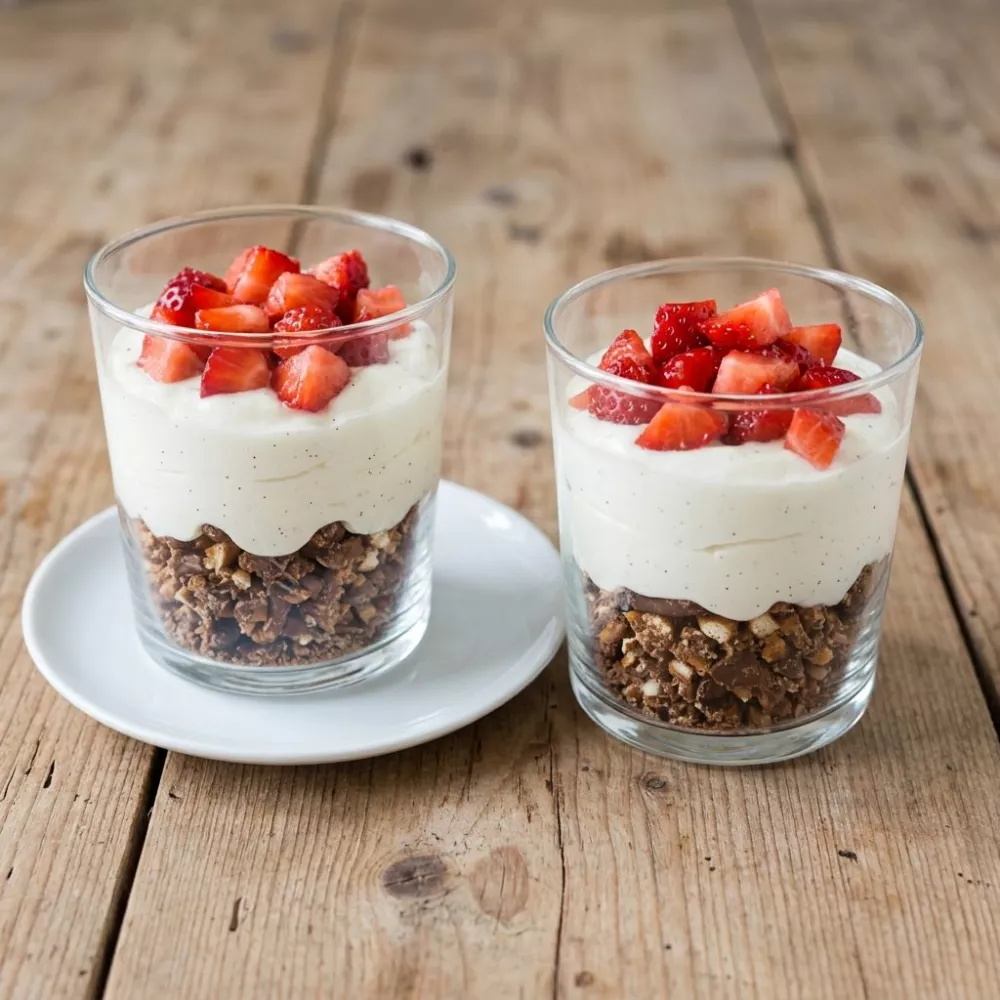 Verrines crème mascarpone, fraises et Mini-Bretzels enrobées de chocolat