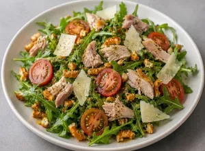 Salade poulet, tomates, citron et croustillants de Mini-Bretzels saveur Aïoli