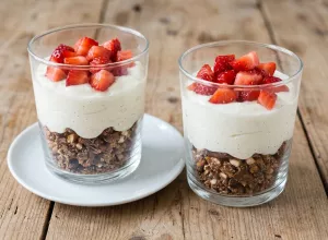 Verrines crème mascarpone, fraises et Mini-Bretzels enrobées de chocolat