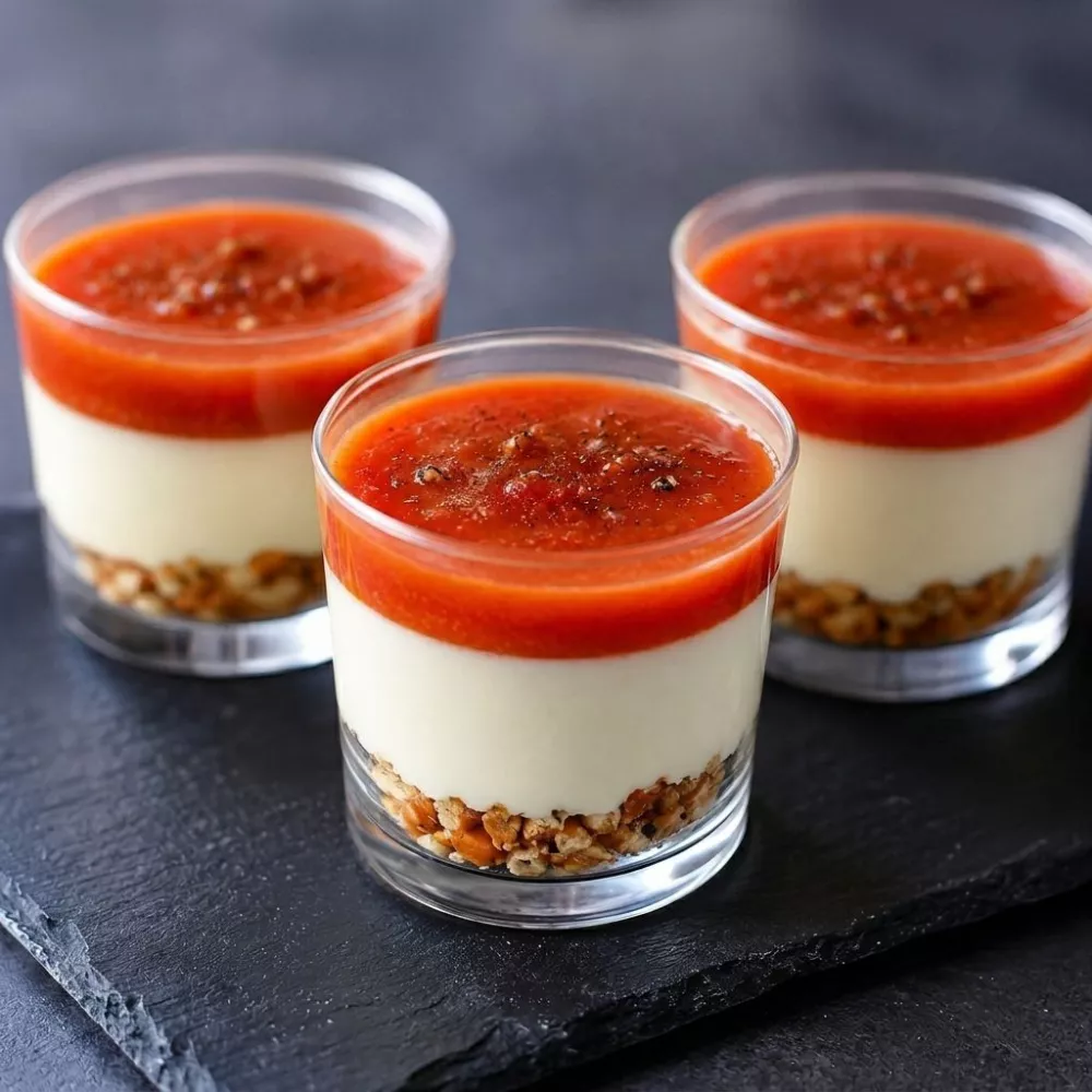 Pannacotta parmesan, coulis de tomate et Mini-Bretzels saveur Mexicaine