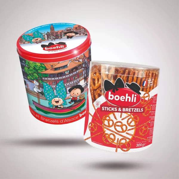 BOÎTE COLLECTOR BOEHLI X LOVELY ELSA – AVEC MÉLANGE STICKS ET MINI-BRETZELS – TUBO 300G