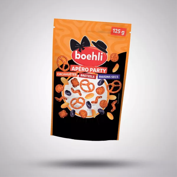 APÉRO PARTY - MÉLANGE DE MINI-BRETZELS, CACAHUÈTES, RAISINS SECS, RONDZELS ET MINI-STICKS – SACHET 125G