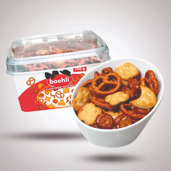 ASSORTIMENT COCKTAIL – MÉLANGE DE MINI-BRETZELS, MINI-STICKS, RONDZELS ET CRACKERS SALÉS – CUBI 750G