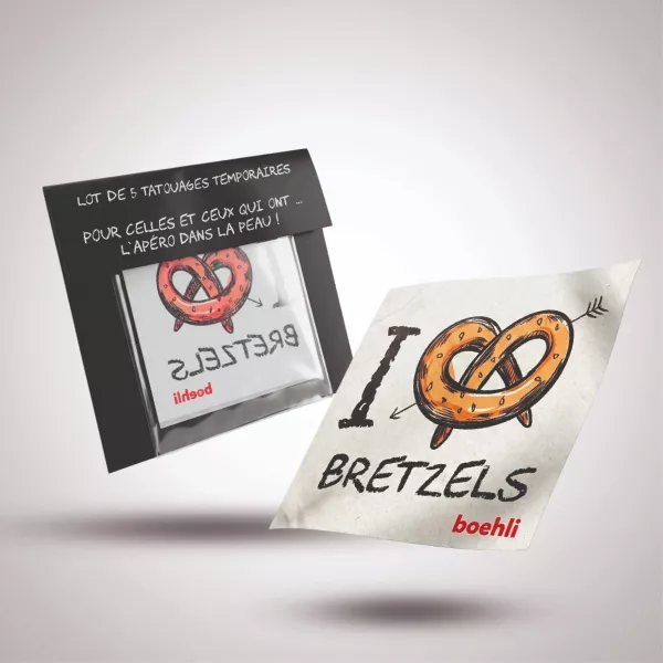 LOT DE 5 TATOUAGES EPHEMERES BOEHLI "I Love Bretzels"